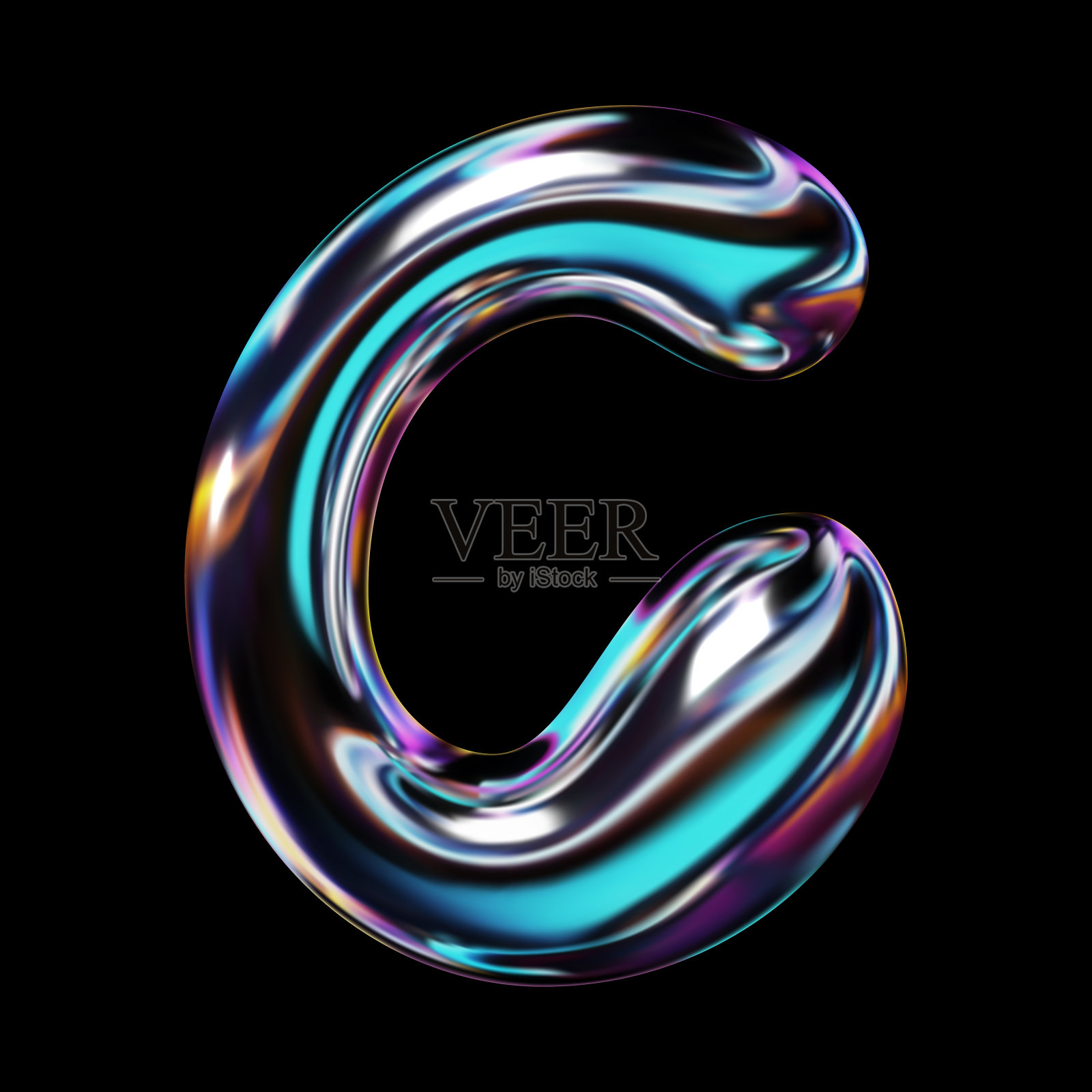 闪亮的全息3D字母C与光泽的金属效果，Y2K复古的未来主义风格隔离向量插画图片素材