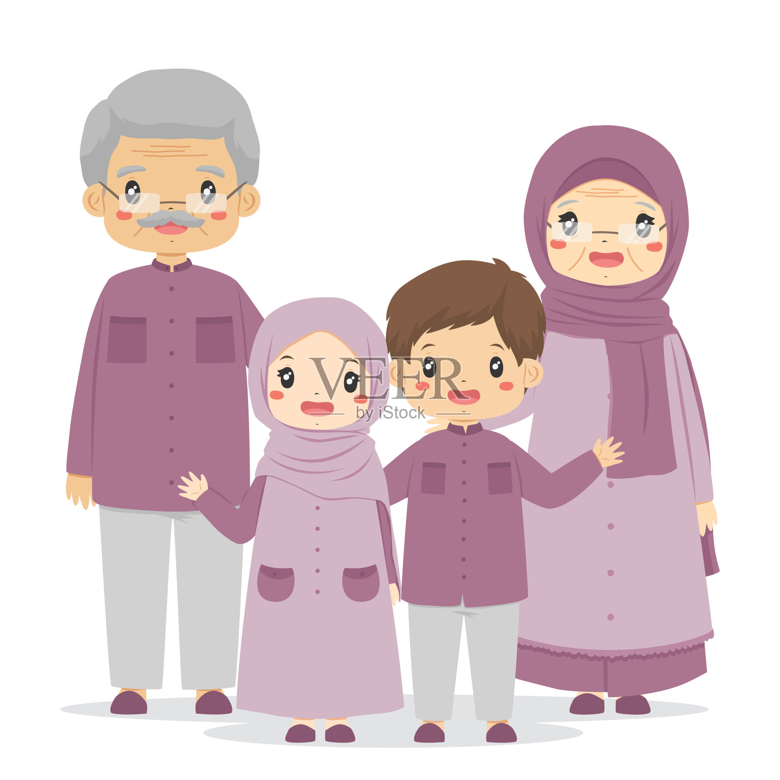 快乐的穆斯林祖父母和孙子字符向量插画图片素材