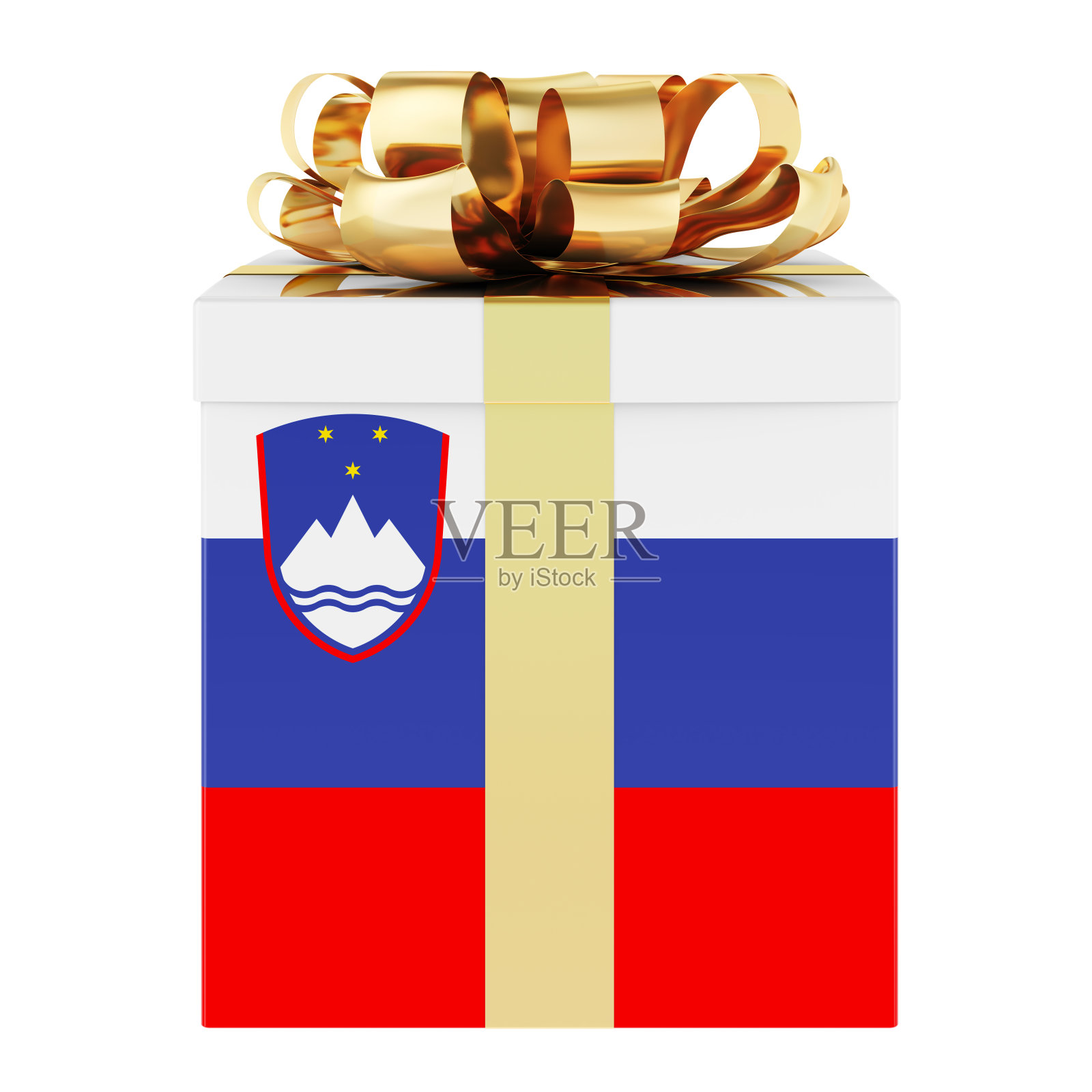 礼盒上有斯洛文尼亚国旗。斯洛文尼亚度假，概念。三维渲染照片摄影图片
