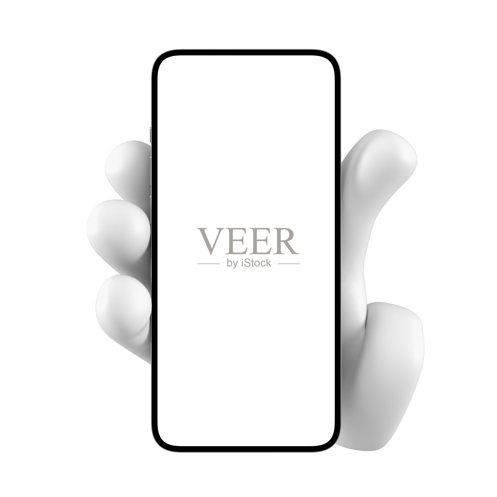 白色表情包手持智能手机，屏幕是白色的。使用手机模拟隔离。3 d渲染。照片摄影图片