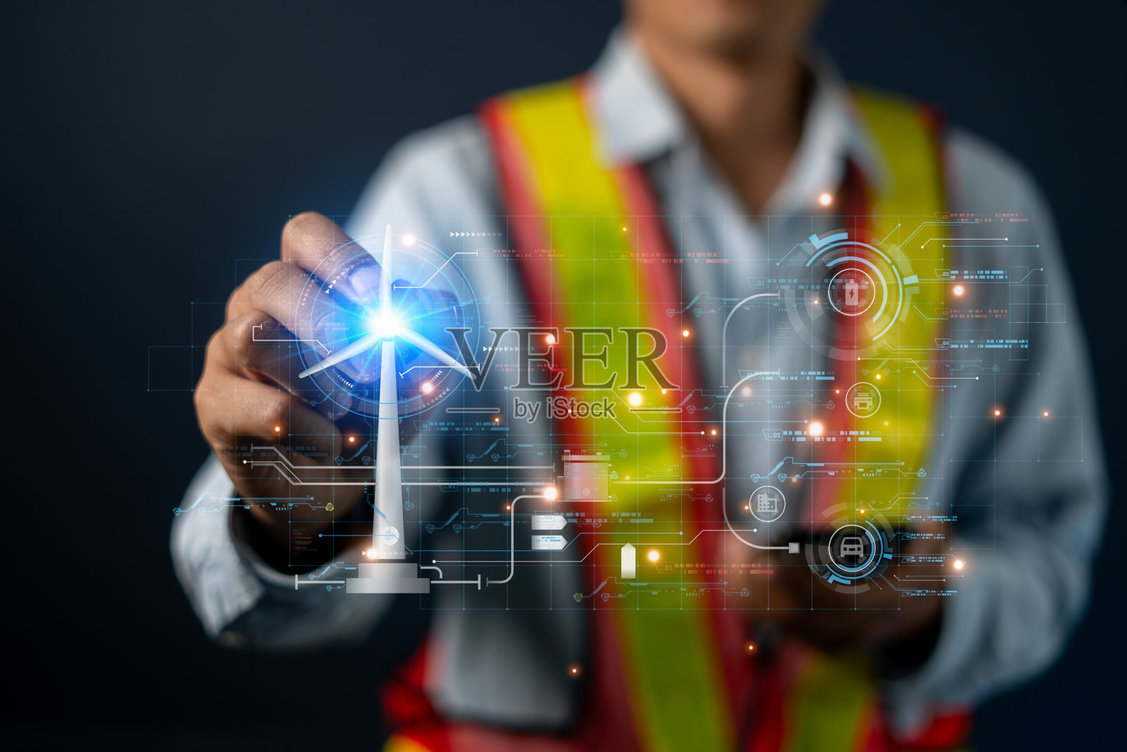 工程师们利用人工智能(AI)检查风力涡轮机，并利用全息HUD分析发电数据。清洁能源技术和可再生能源。照片摄影图片