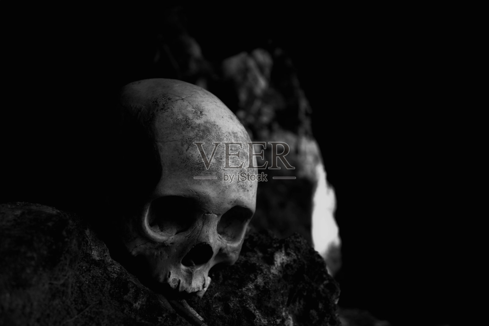 洞穴中埋葬的人类头骨。照片摄影图片