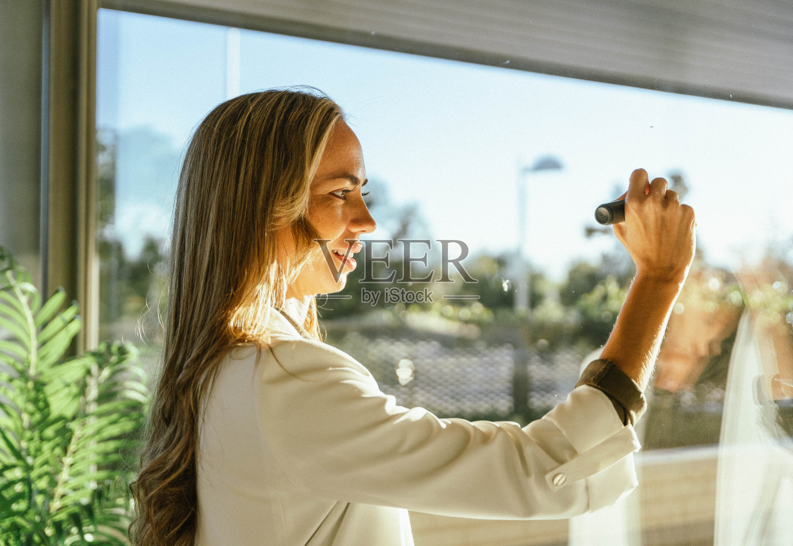 女商人在办公室的窗户上为一个新项目写想法。照片摄影图片