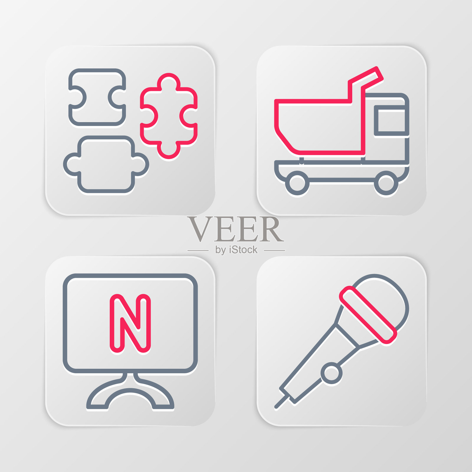 设置线麦克风，智能电视，玩具卡车和拼图片玩具图标。向量插画图片素材