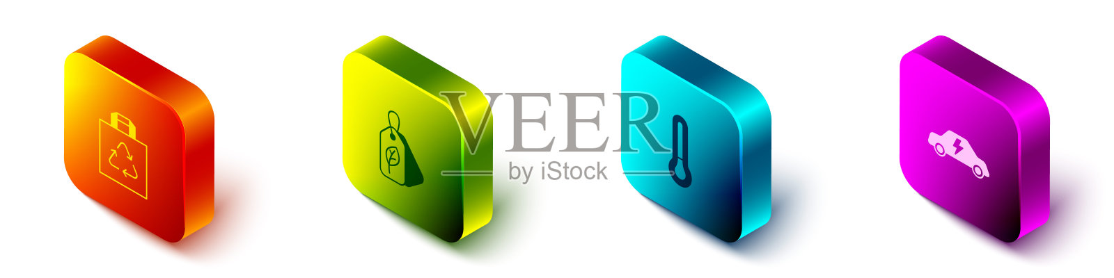 设置等距购物袋与回收，标签叶，温度计和电动汽车图标。向量插画图片素材