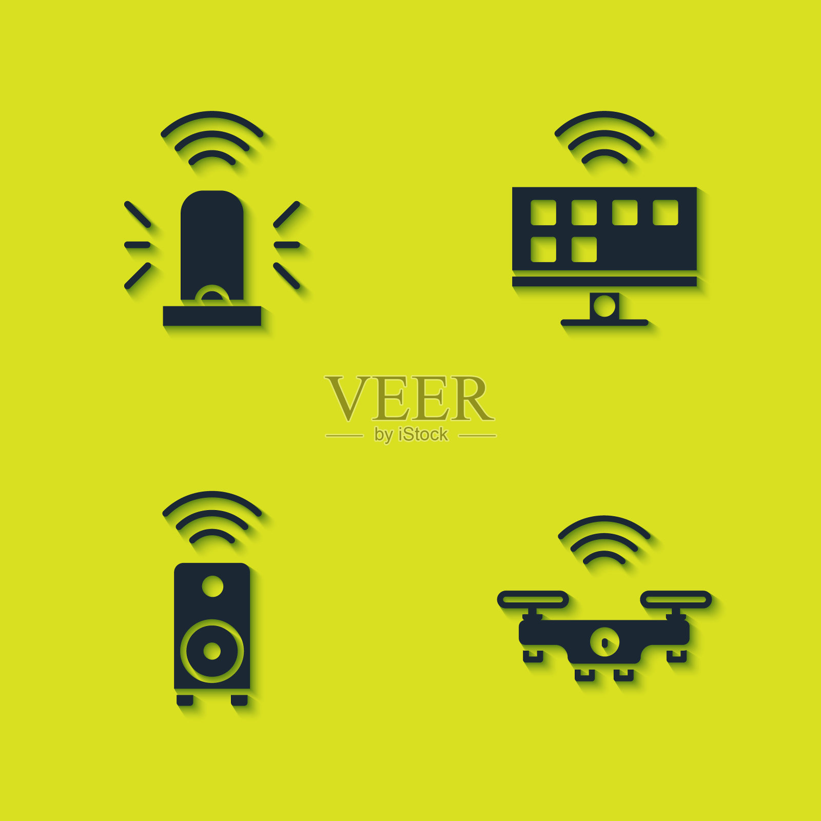 设置智能闪光警报器，无人机，立体声扬声器和电视系统图标。向量插画图片素材