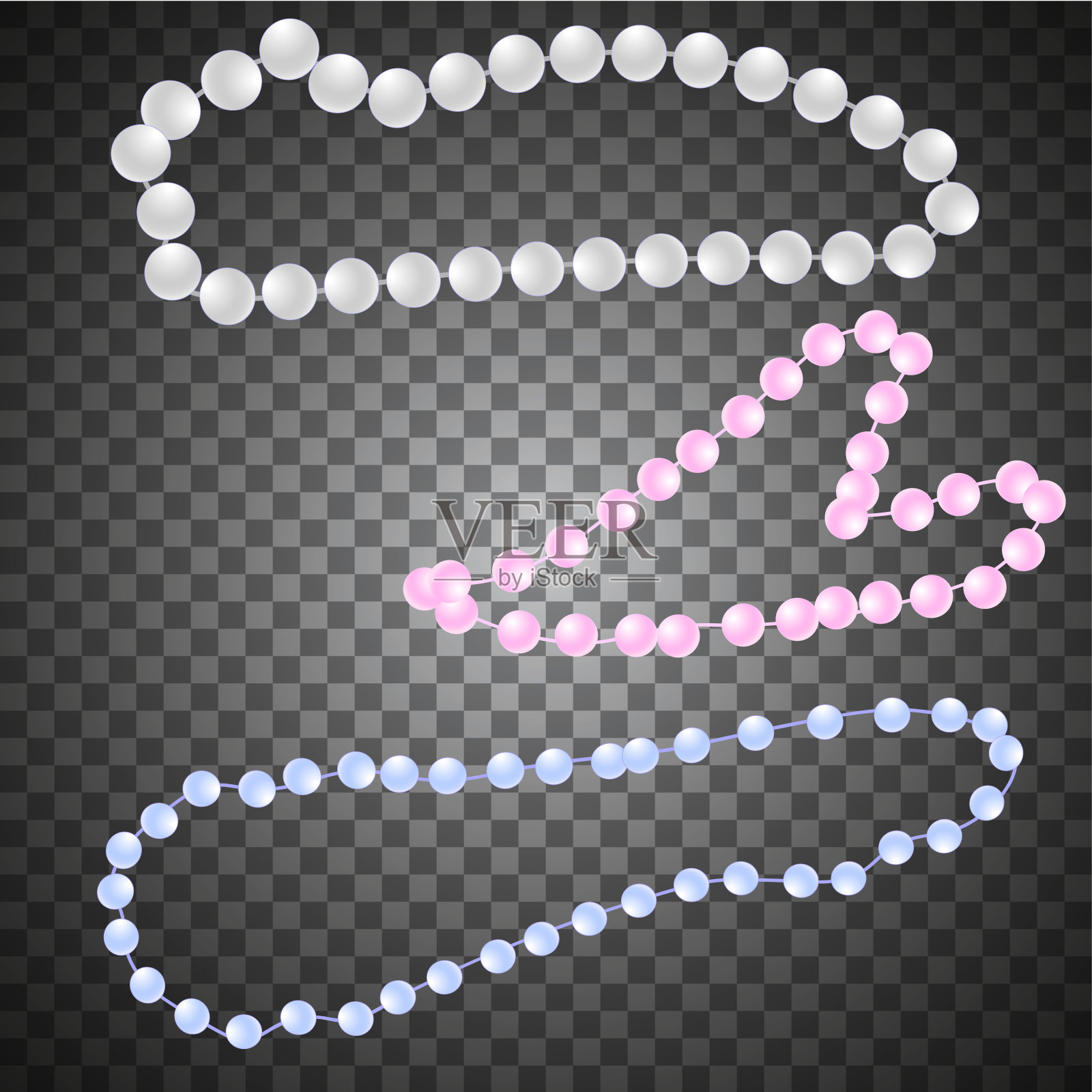 有三条珍珠项链——白色、粉红色和蓝色的珍珠插画图片素材