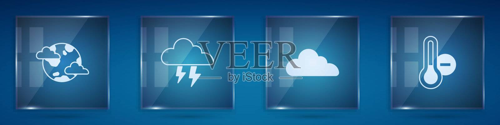 设置地球行星与云，风暴，云和气象温度计。方形玻璃板。向量插画图片素材