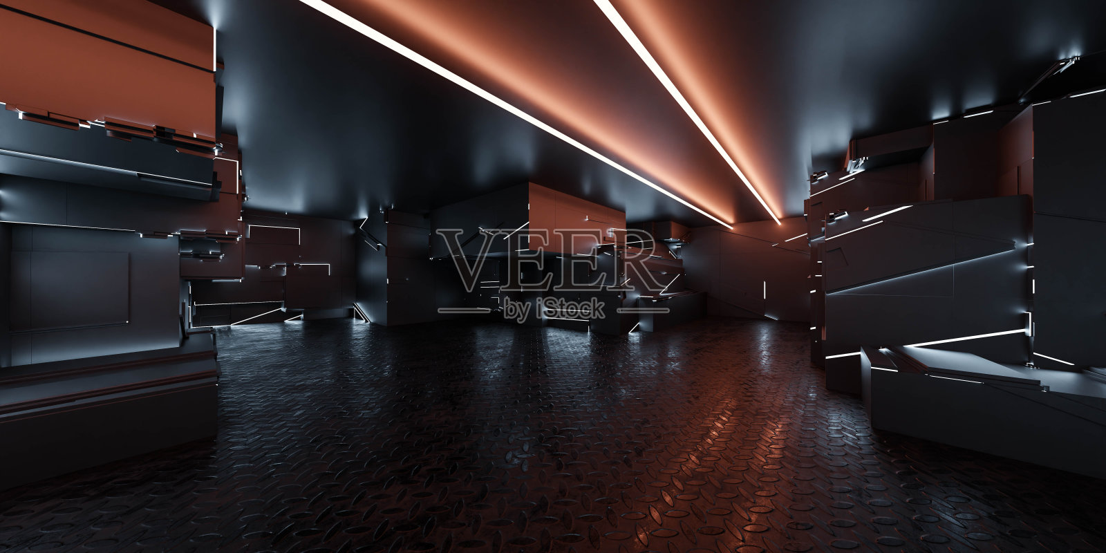 深黑色的未来主义工作室实验室空荡荡的大厅。3d渲染图照片摄影图片
