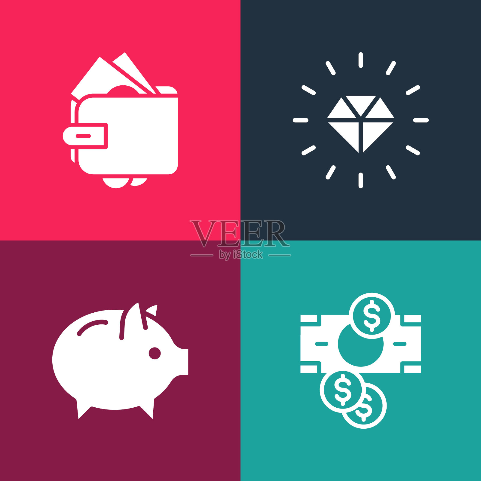 集流行艺术堆栈纸币现金，储蓄罐，钻石和钱包与图标。向量插画图片素材