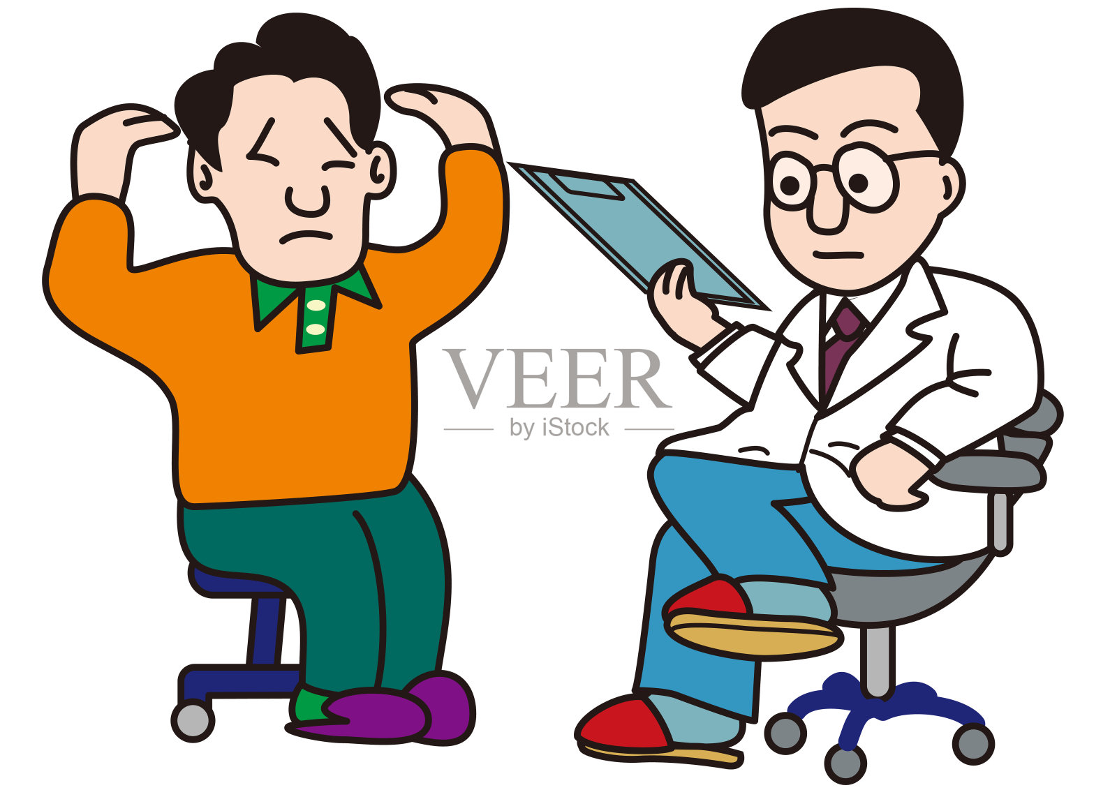 一个医生一边看病历一边问问题，一个男病人被他听到的东西所困扰插画图片素材