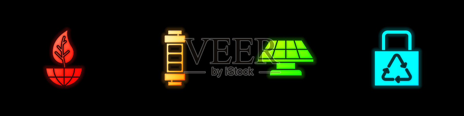 设置地球仪和树叶，电池，太阳能板和纸袋与回收图标。向量插画图片素材