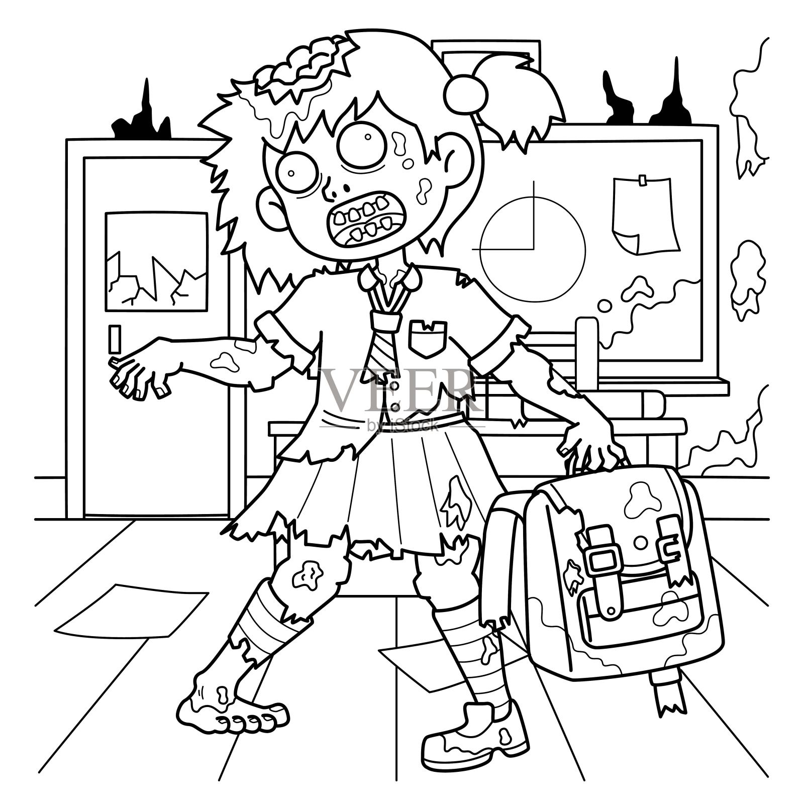 僵尸学校女孩儿童涂色页插画图片素材