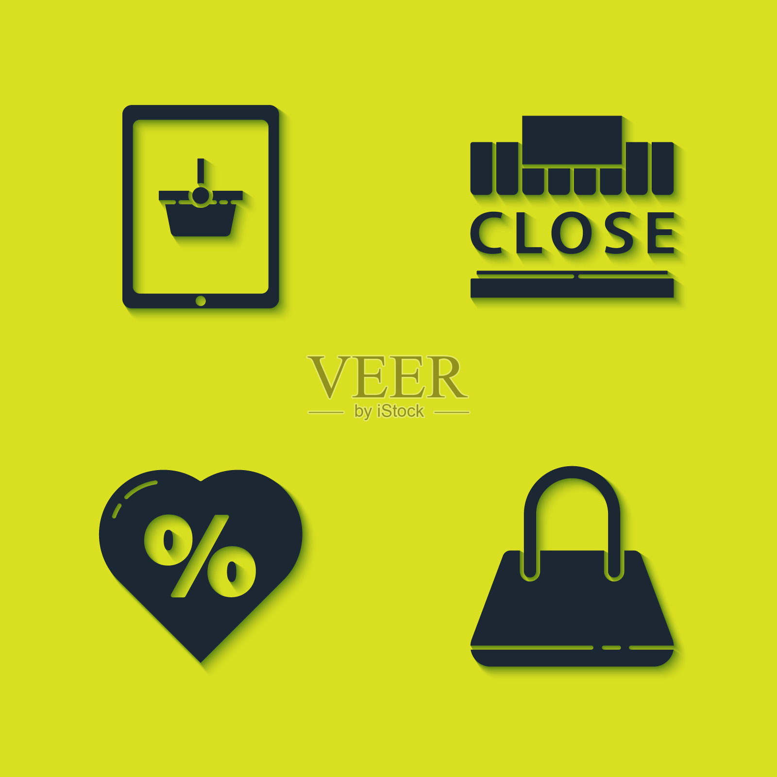 Set Shopping basket on tablet, Handbag, Discount percent tag heart and building text closed icon. Vector插画图片素材