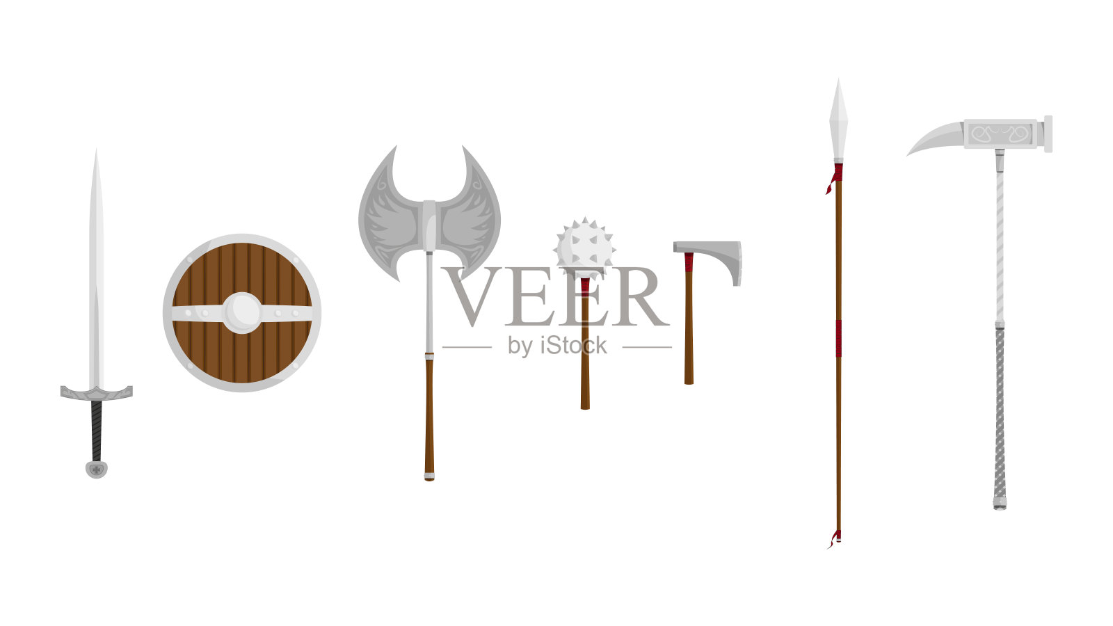 白色背景上的一大批精细的中世纪武器。插画图片素材