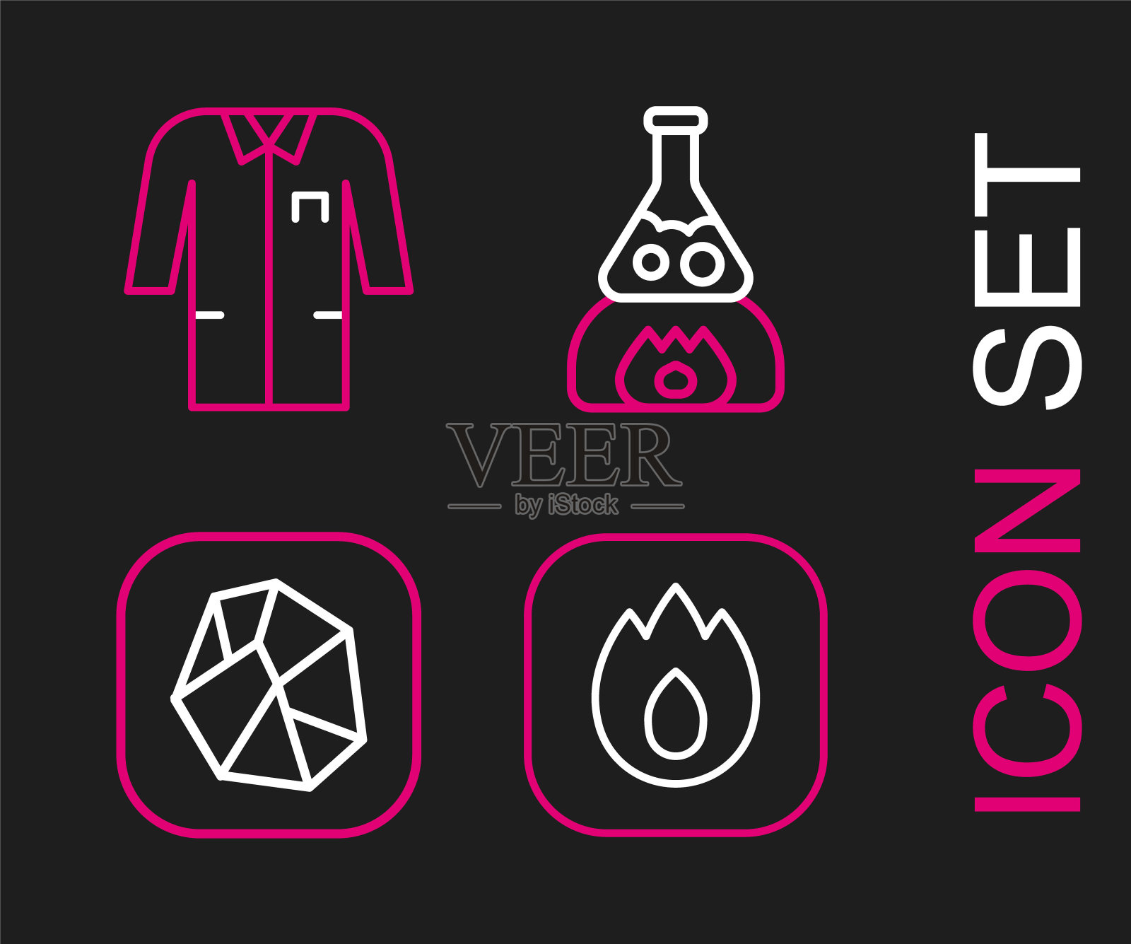 设置线火焰，盐石，试管烧瓶火和实验室统一图标。向量插画图片素材