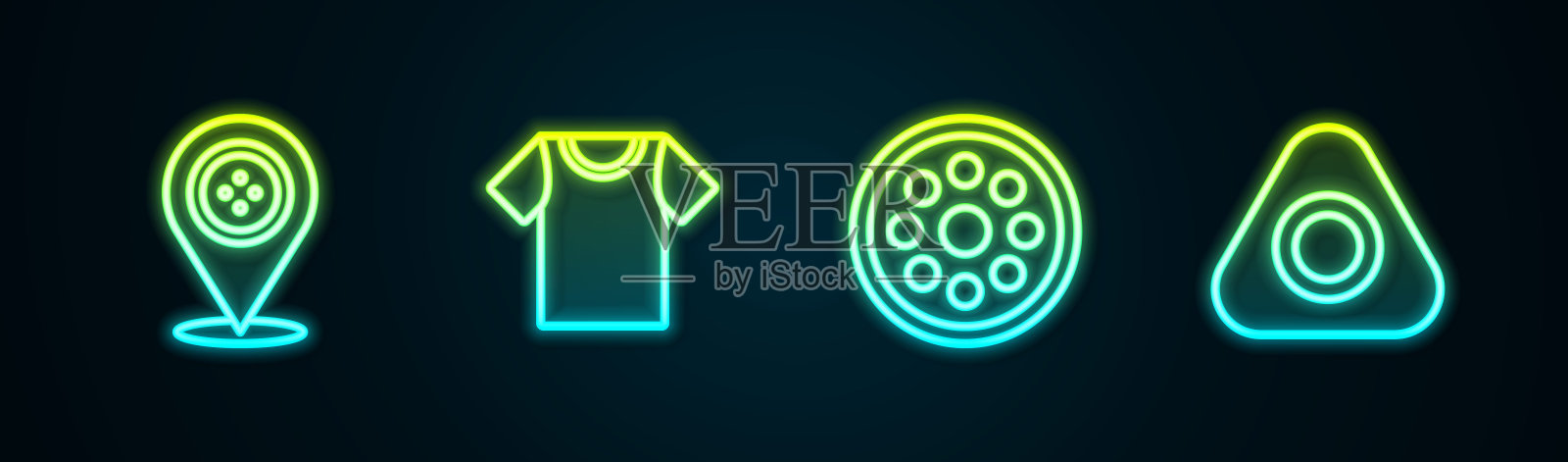 设置线位置裁缝店，t恤，缝纫纽扣和粉笔。发光的霓虹灯图标。向量插画图片素材