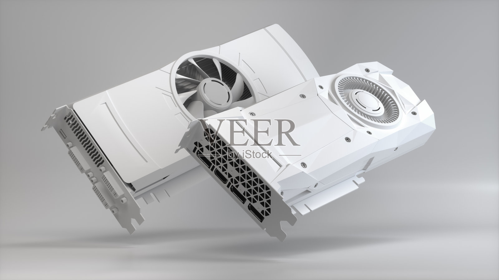 两个白色计算机图形显卡GTX 690和1080在灰色工作室背景。技术的概念。照片摄影图片