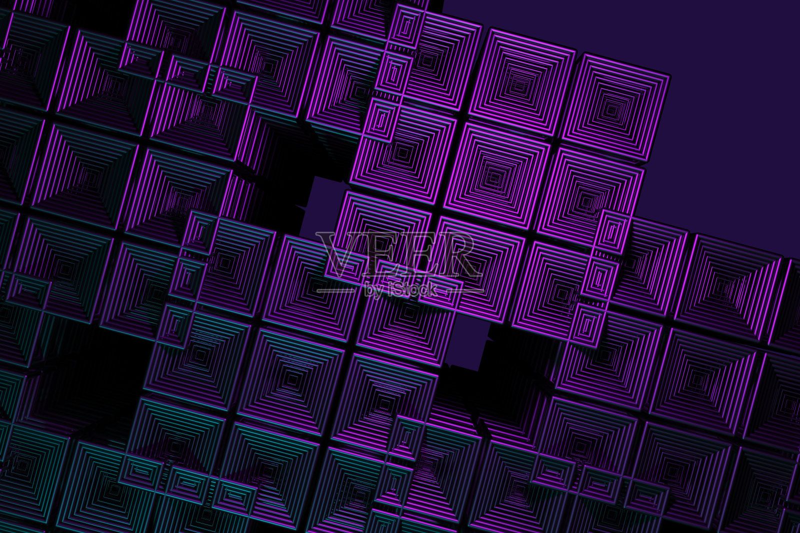 石棉未来的背景，霓虹灯立方体在紫色的背景。三维渲染图照片摄影图片