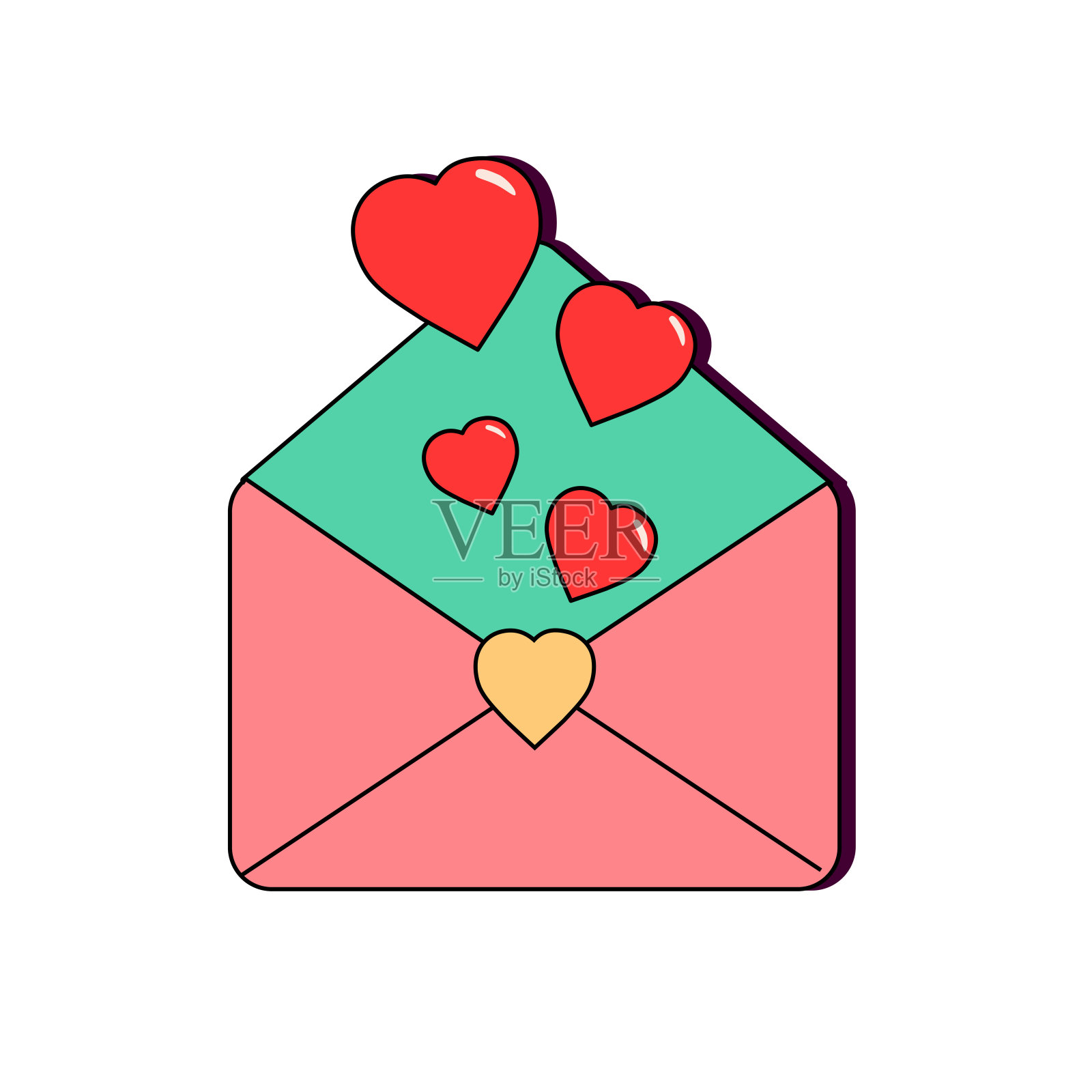 粉红色的打开信封，红心从里面飞出来。情人节快乐短信里有爱的概念。爱情和浪漫。复古的风格。矢量插图隔离。插画图片素材