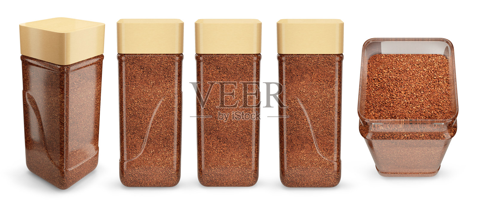 速溶咖啡包装模板。透明玻璃瓶。孤立在白色上。3 d渲染。照片摄影图片