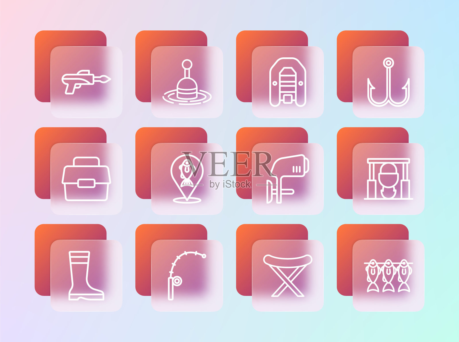 设置线钓鱼钩，杆，船外马达，露营折叠椅，定位钓鱼，充气，鱼叉和浮水图标。向量插画图片素材