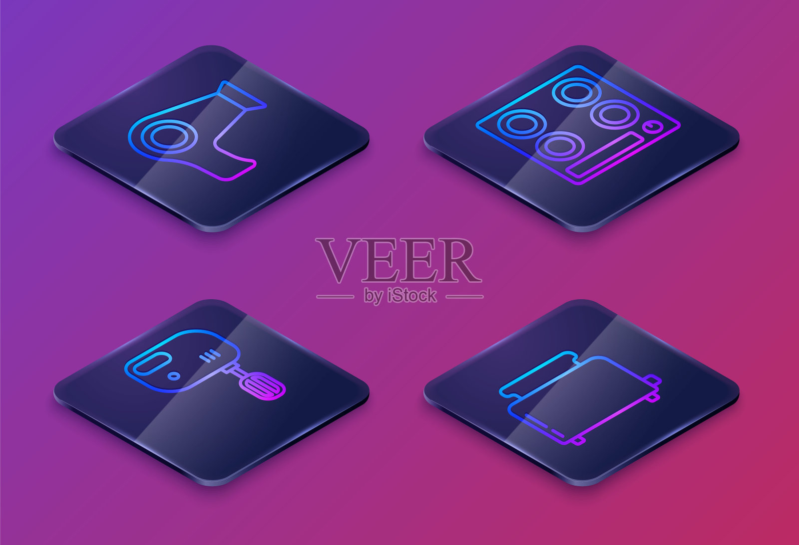 设置等距线吹风机，电动搅拌机，煤气炉和烤面包机。蓝色方形按钮。向量插画图片素材