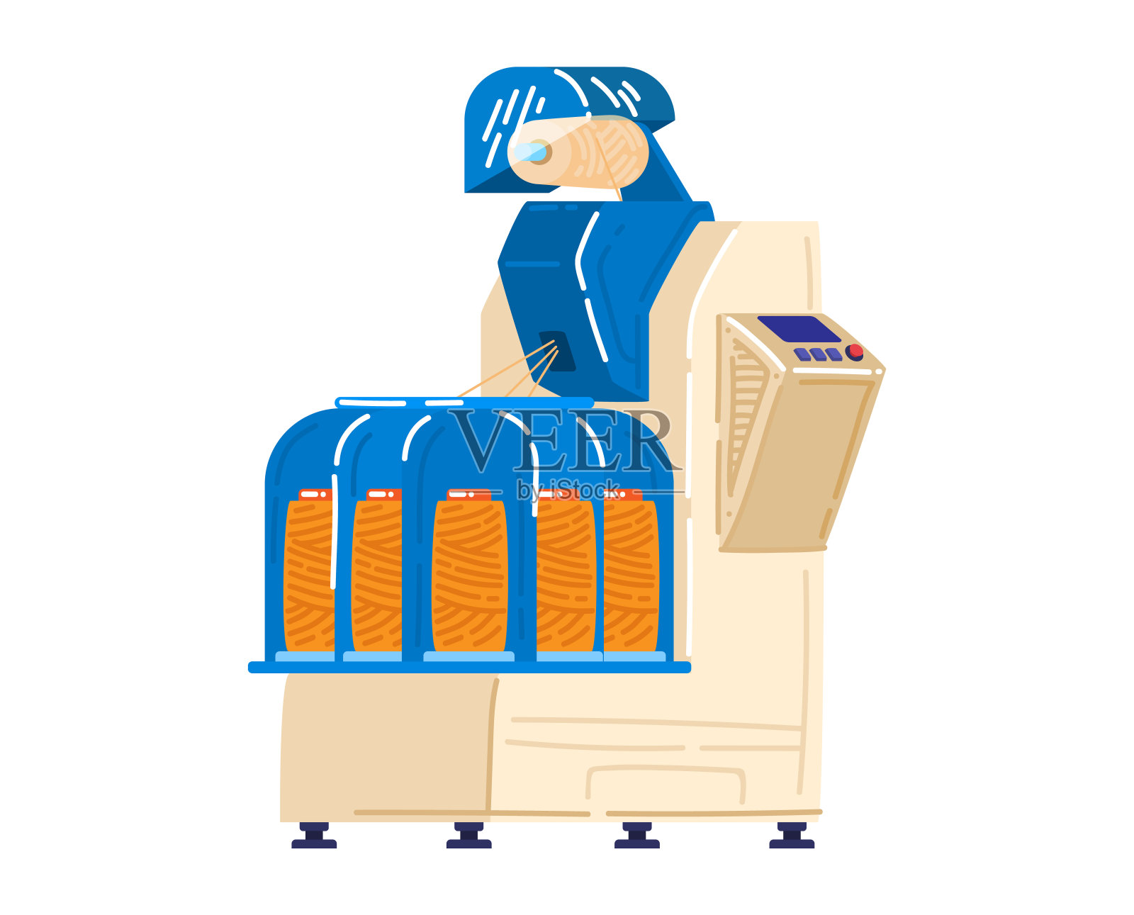 穿蓝色制服的焊工用机器焊接大型金属零件。工业工人与焊接设备矢量插图插画图片素材