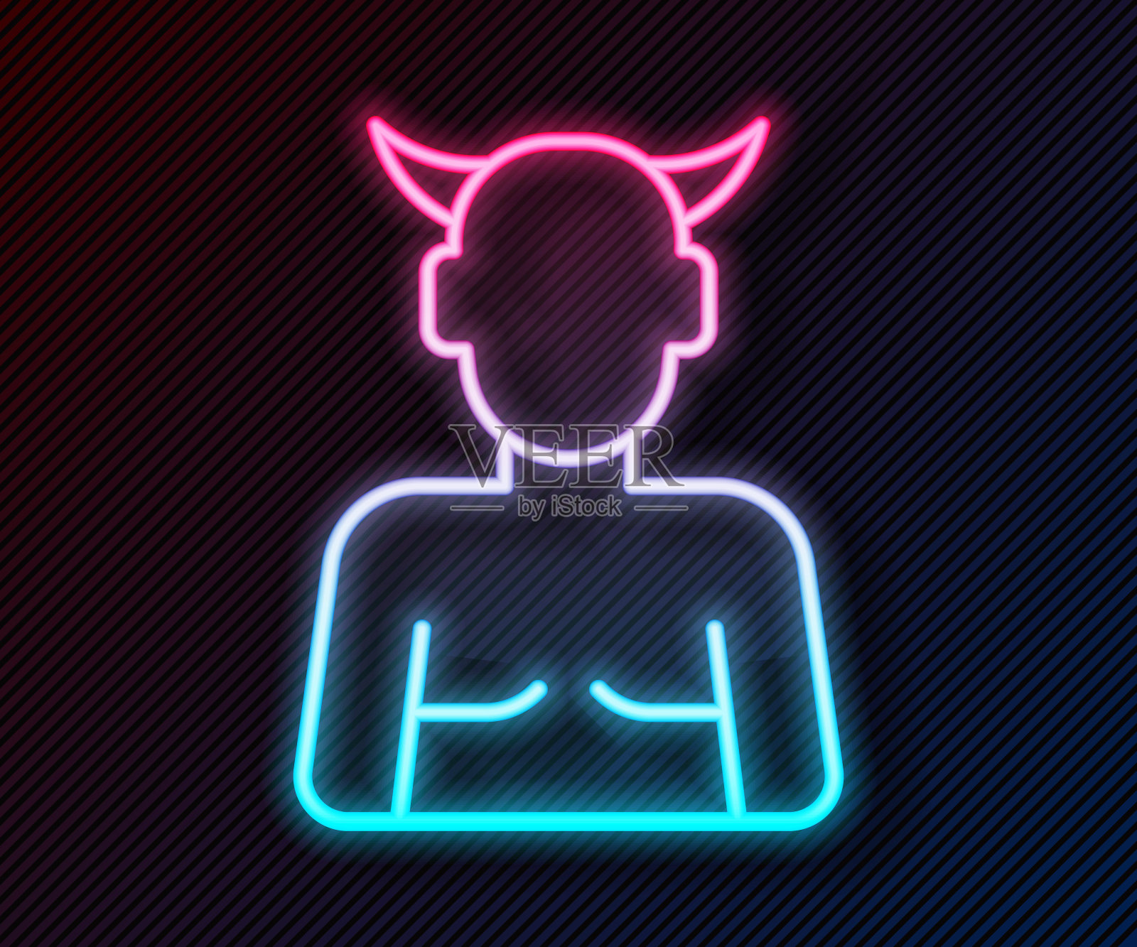 发光的霓虹线坎卜斯，heck图标孤立在黑色背景。有角的魔鬼。传统的圣诞魔鬼。万圣节派对快乐。向量插画图片素材