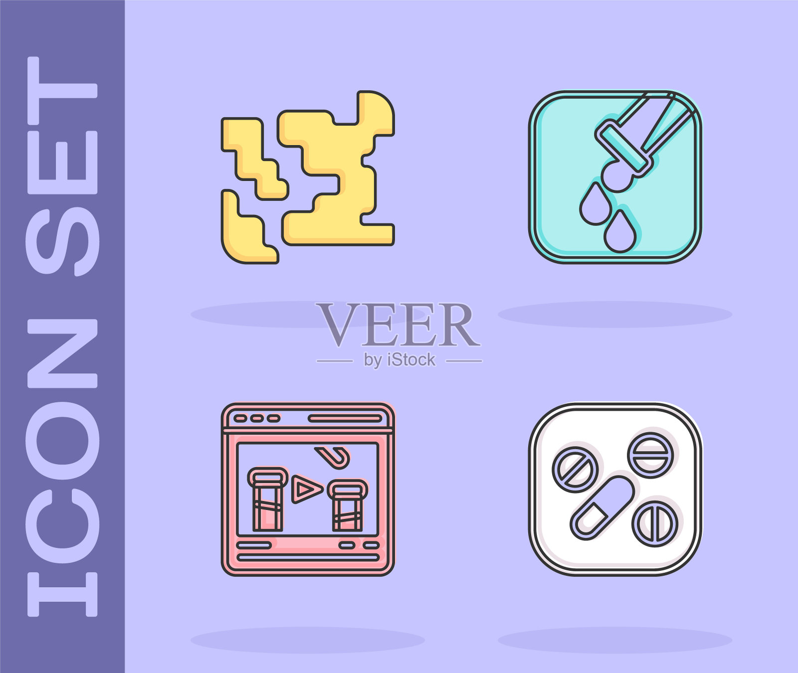 设置药物药丸或片剂，气体，化学在线和试管和烧瓶图标。向量插画图片素材