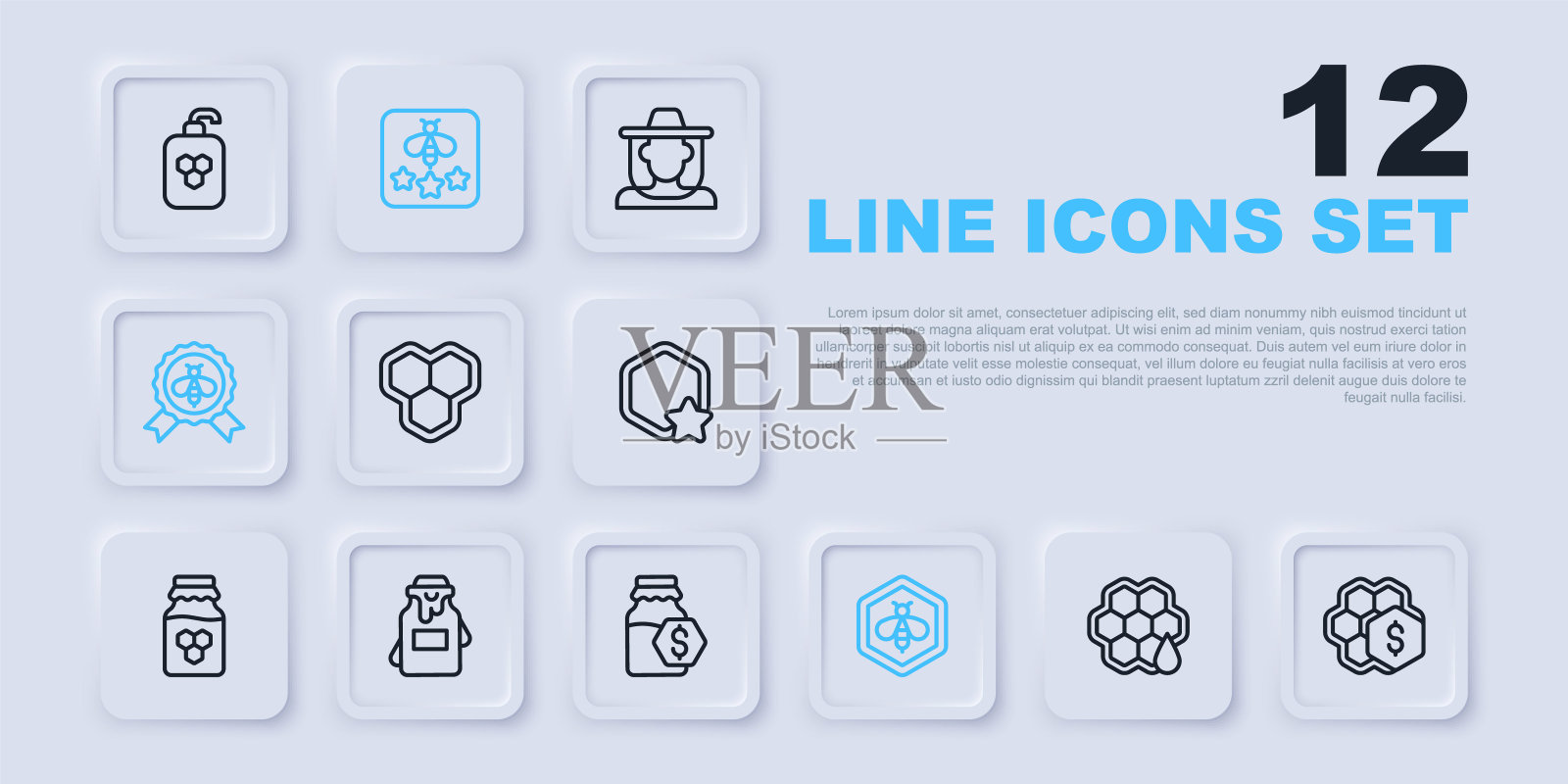 设置线蜂窝，蜂窝的销售，蜜蜂和，最好的蜜蜂，罐，类型和在罐图标。向量插画图片素材