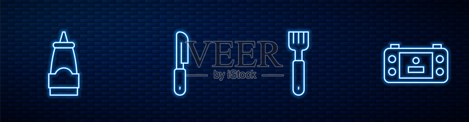 设置线叉，酱瓶，刀和便携式视频游戏机。砖墙上发光的霓虹灯图标。向量插画图片素材