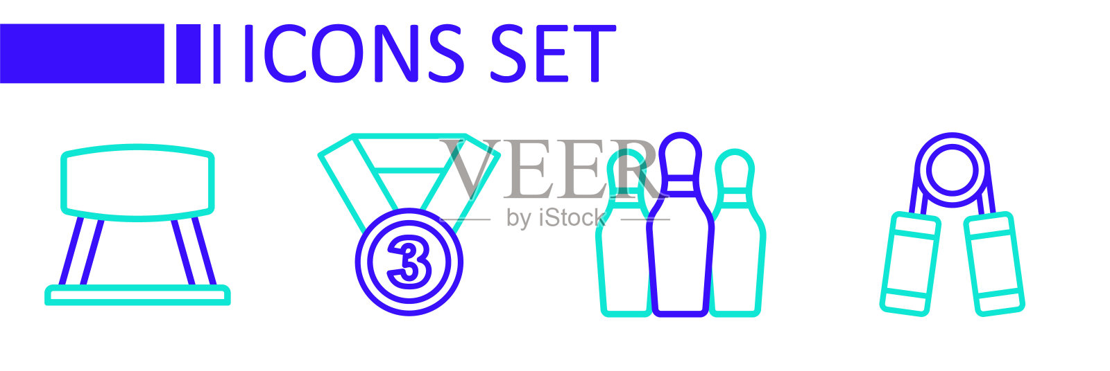 设置线运动扩展器，保龄球瓶，奖牌和鞍马图标。向量插画图片素材