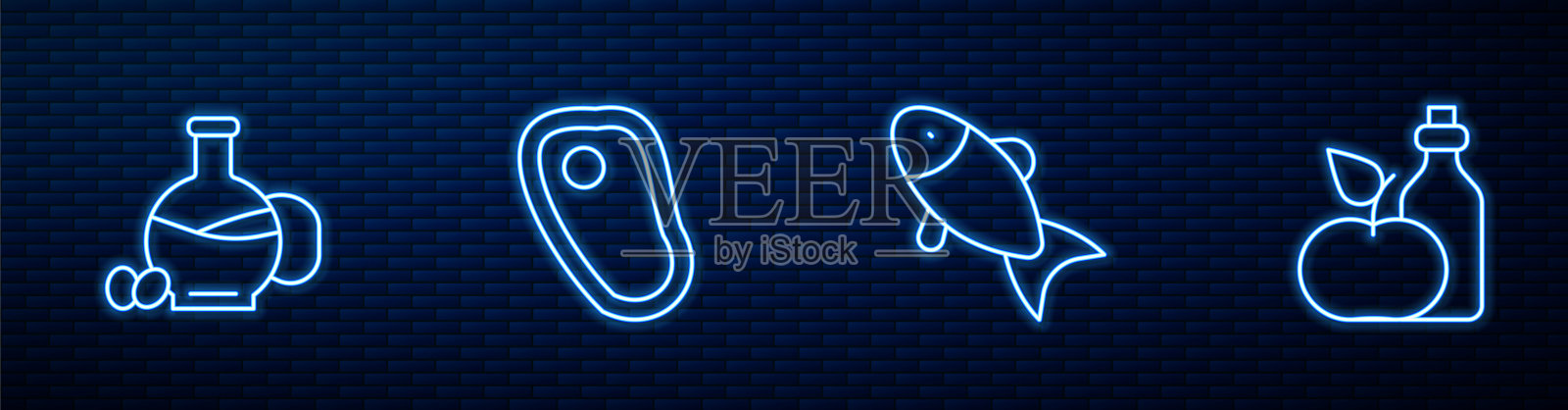鱼，一瓶橄榄油，牛排肉和苹果醋装瓶。砖墙上发光的霓虹灯图标。向量插画图片素材