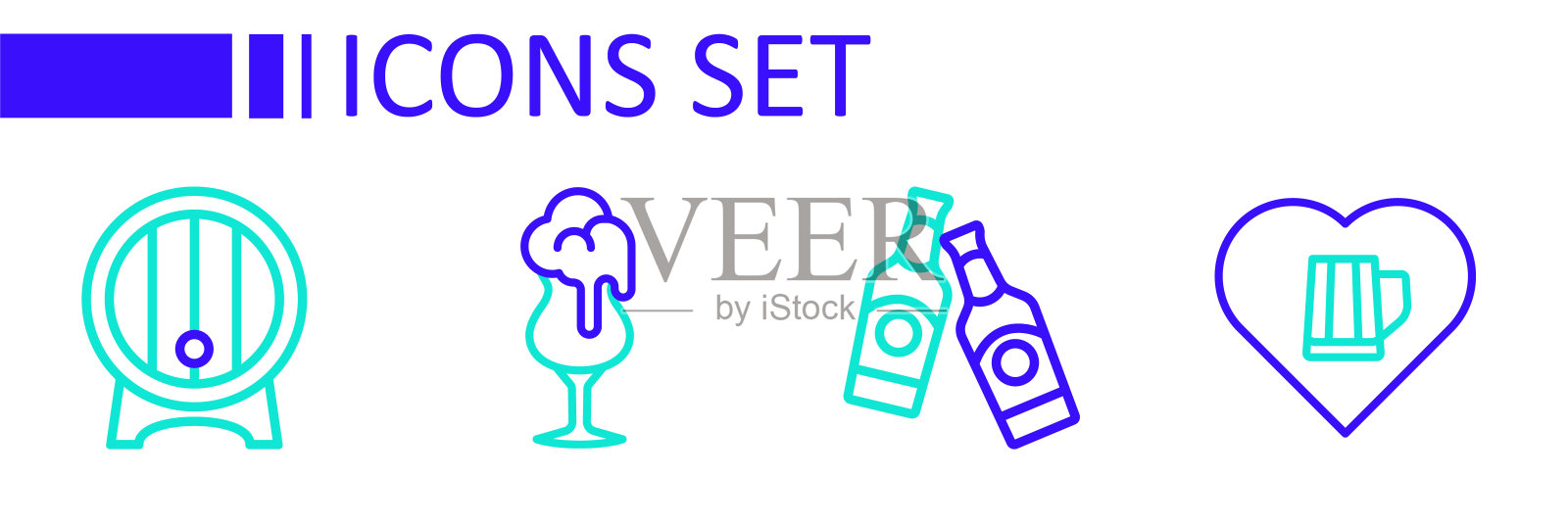 设置线心脏与啤酒，啤酒瓶，玻璃和木桶的货架图标。向量插画图片素材