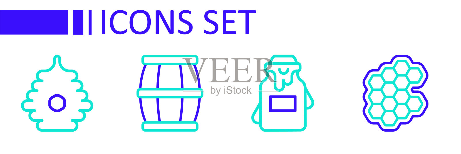 设置线蜂巢，蜂蜜罐，木桶和蜂巢的蜜蜂图标。向量插画图片素材