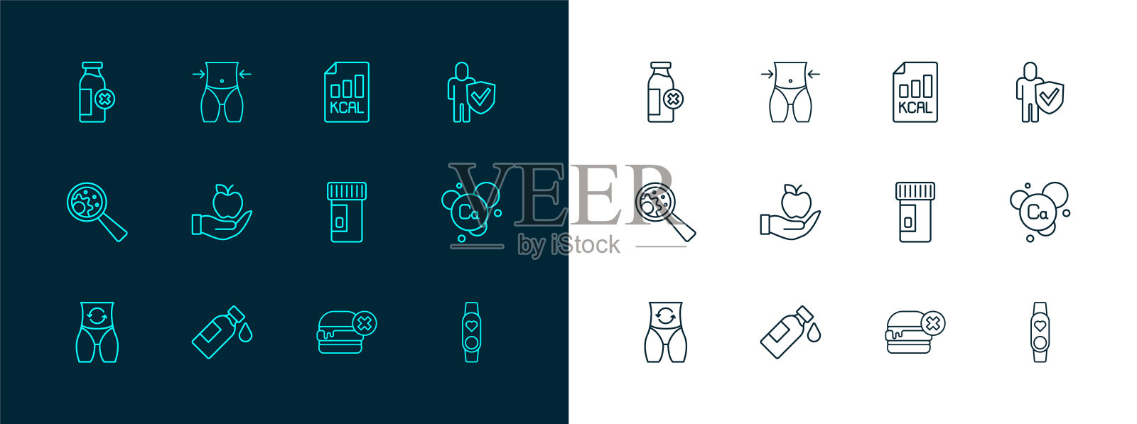 健康的生活方式，瓶装水，维生素，不吃汉堡，苹果，饮食计划，乳糖不耐症和女性腰部图标。向量插画图片素材