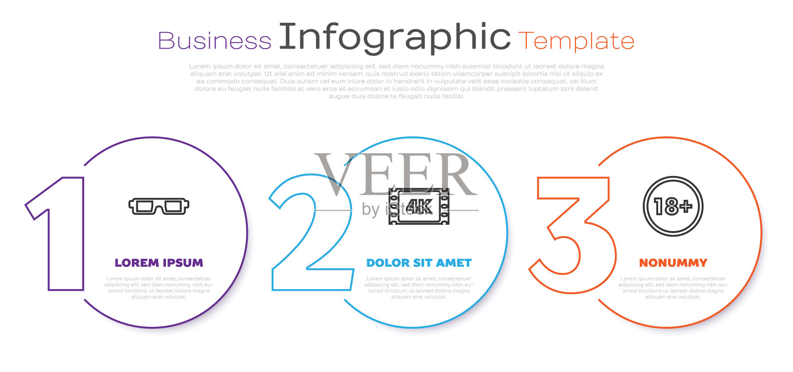 设置线3D电影眼镜，4k电影，磁带，框架和18岁以下。业务信息图表模板。向量插画图片素材