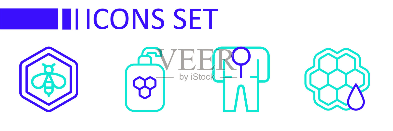 集线蜂窝，养蜂人服装，化妆品管与蜂蜜和蜂巢的图标。向量插画图片素材