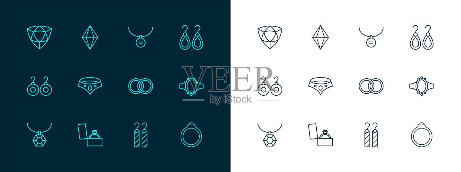 集线耳环，钻石订婚盒，婚礼，项链，吊坠项链，和宝石石图标。向量插画图片素材