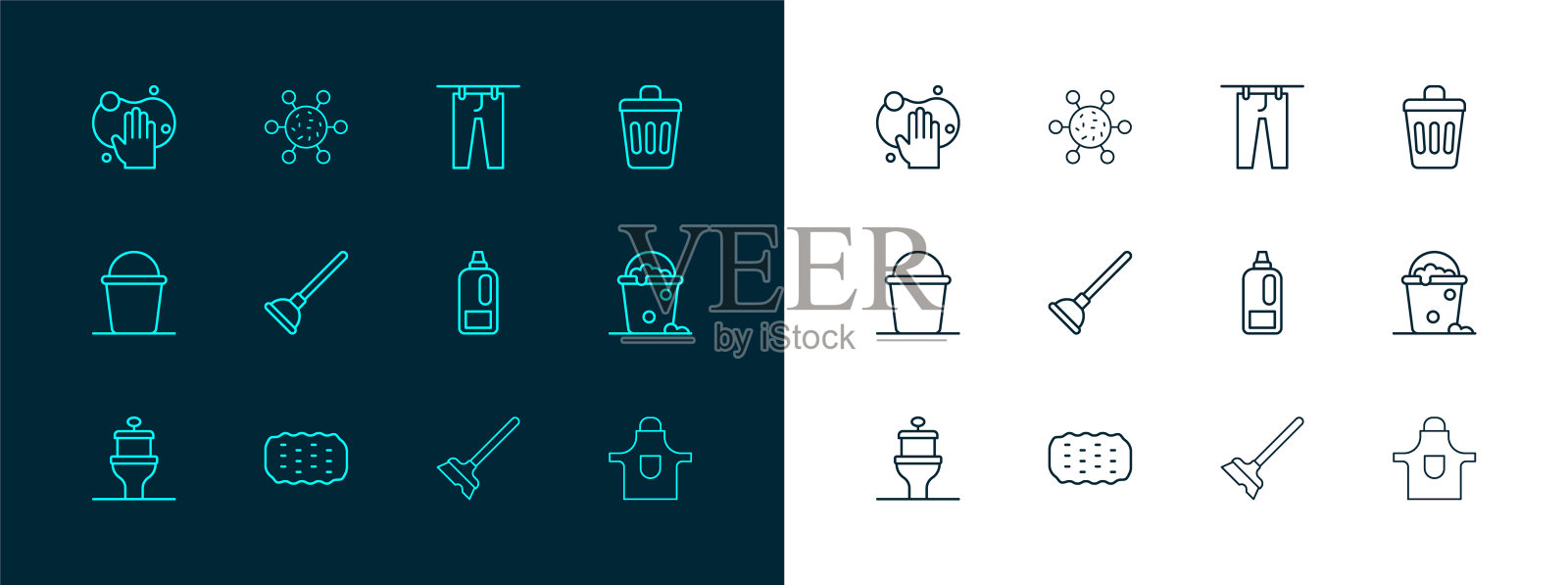 设置线垃圾桶，海绵，瓶洗涤剂，拖把，橡胶柱塞，干衣服，和细菌图标。向量插画图片素材