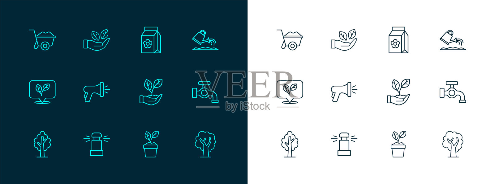 设置线喷壶，自动灌溉洒水器，叶手，花盆，花园软管，包满种子，手推车和图标。向量插画图片素材