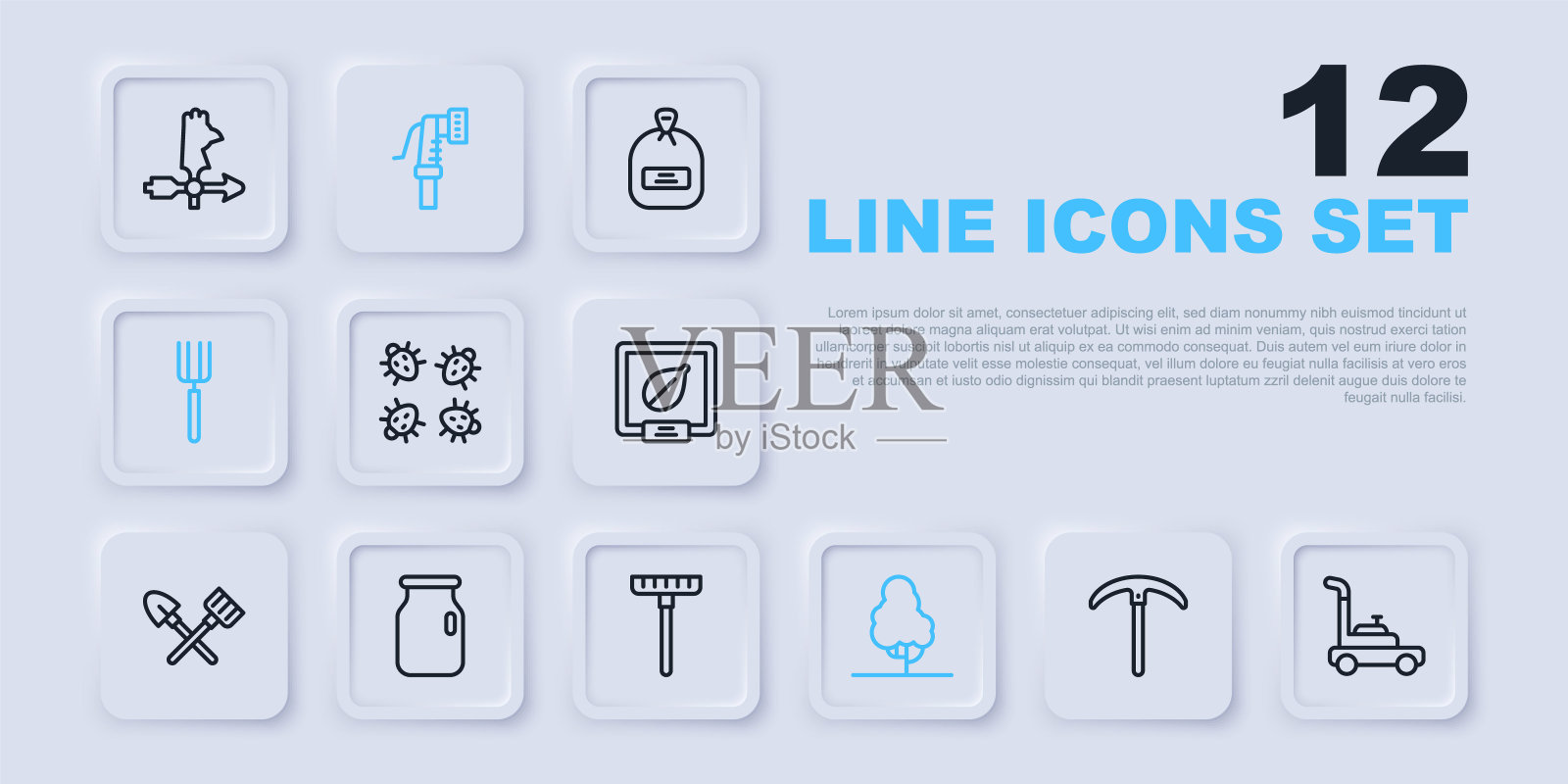 集线鹤嘴锄，割草机，科罗拉多甲虫，果树，花园干草叉，玻璃罐与螺旋盖，软管和耙子图标。向量插画图片素材