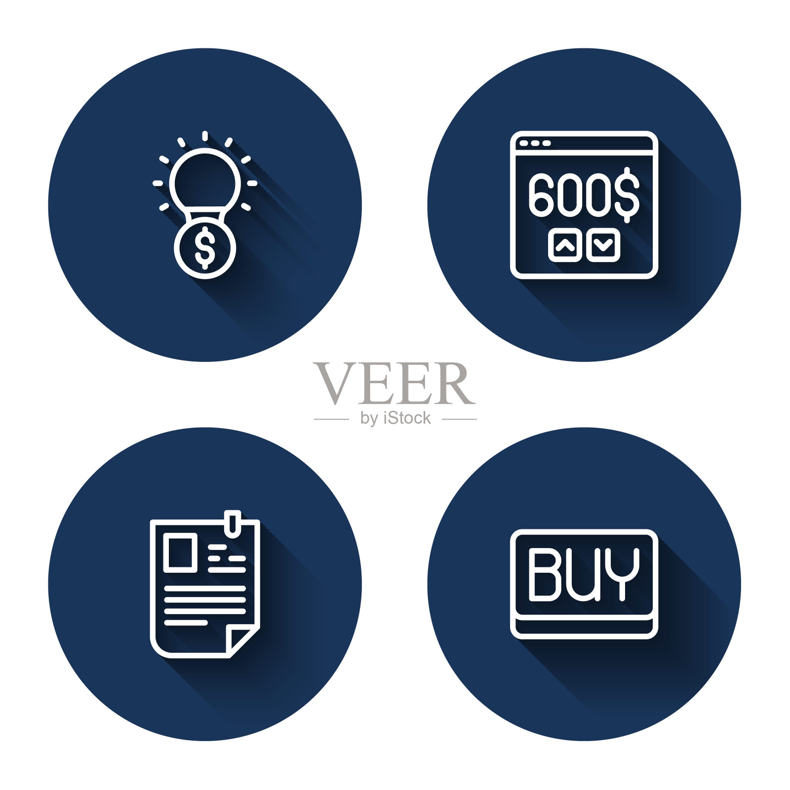 设置线灯泡与美元，监视器，恢复和购买按钮与长阴影。蓝色圆圈按钮。向量插画图片素材