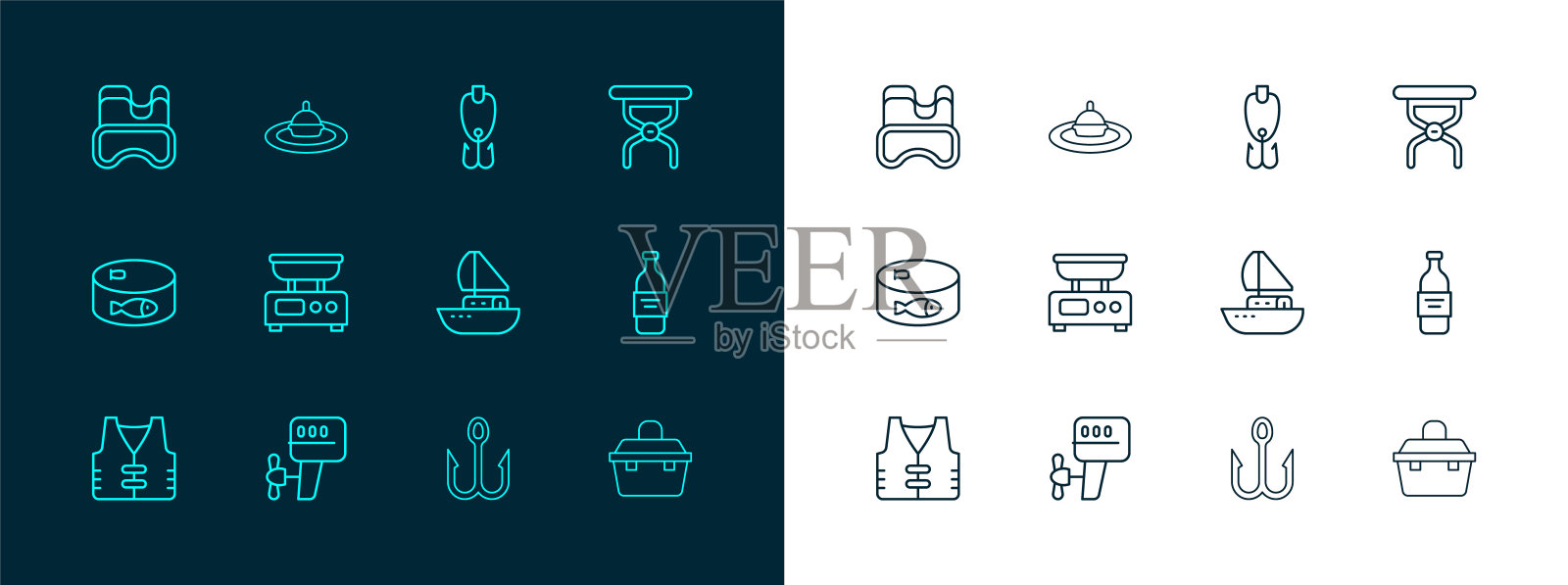 露营折叠椅，船外马达，游艇帆船，鱼钩，电子秤，鱼饵，潜水面罩，浮水图标。向量插画图片素材