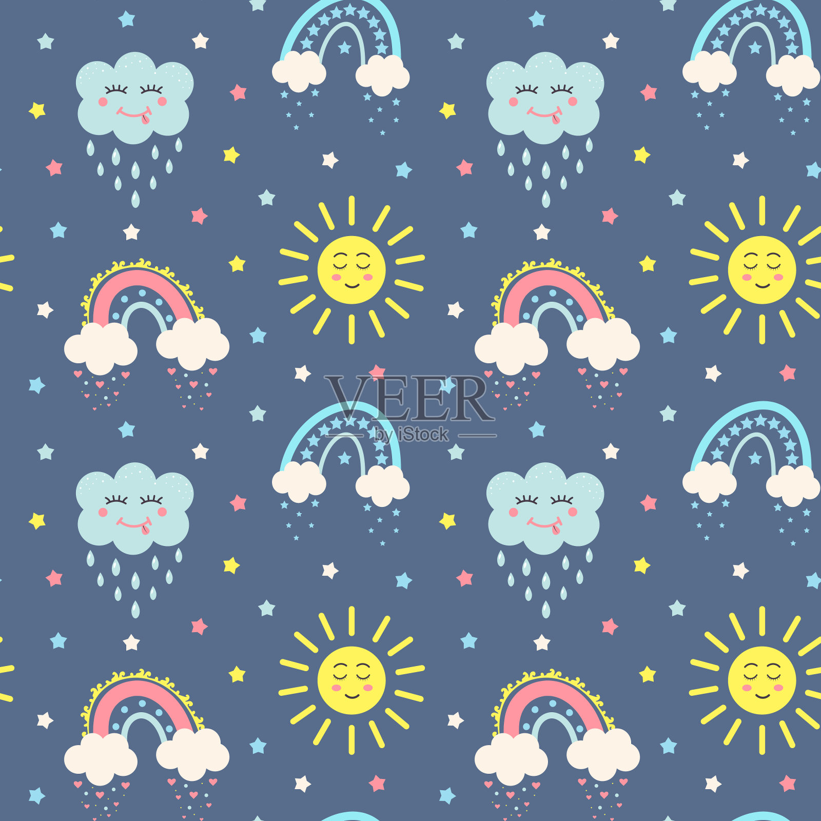 卡哇伊太阳，云，波西米亚彩虹和星星无缝图案。深蓝色背景上的天体幼稚印花。插画图片素材