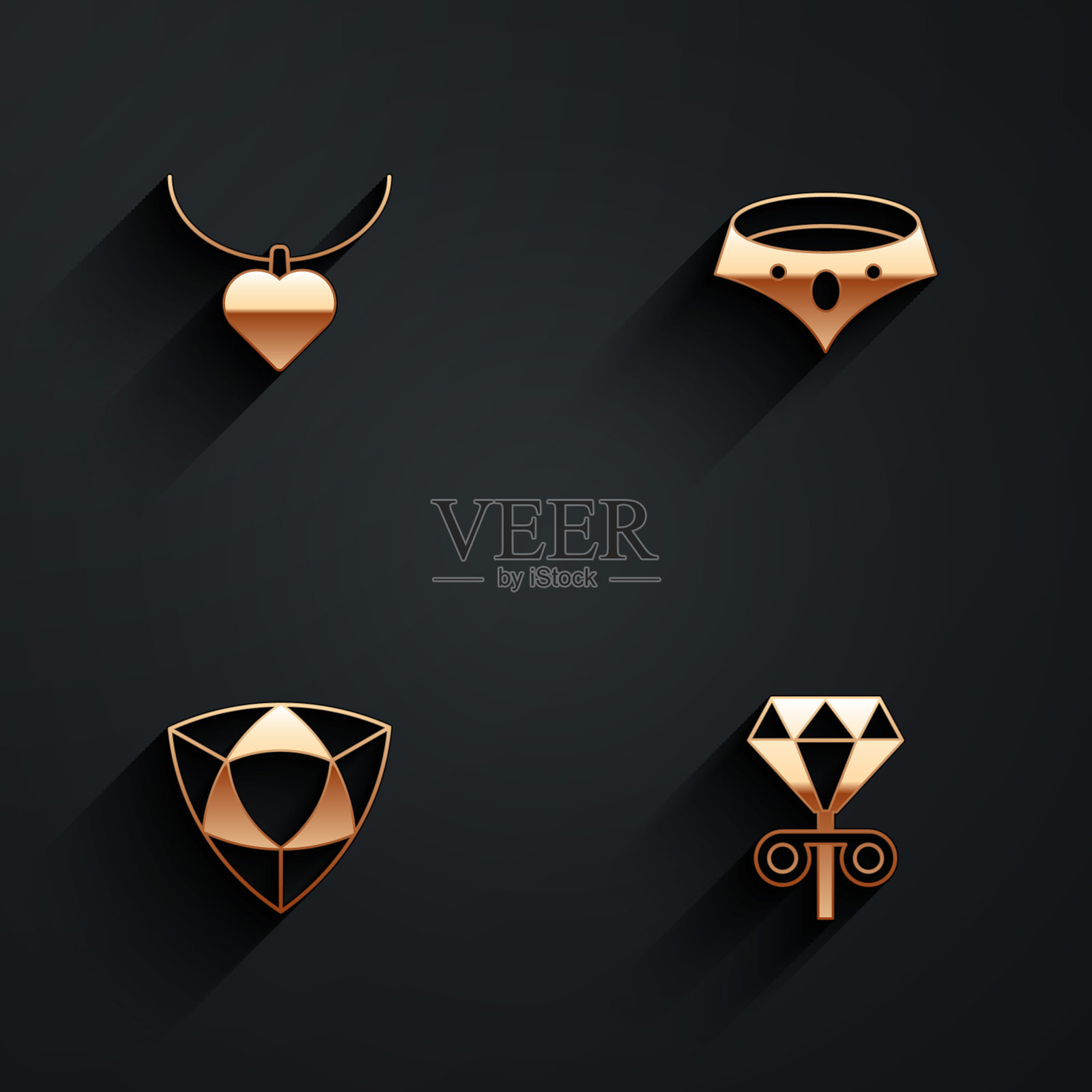 集项链心形，钻石和耳钉图标长阴影。向量插画图片素材