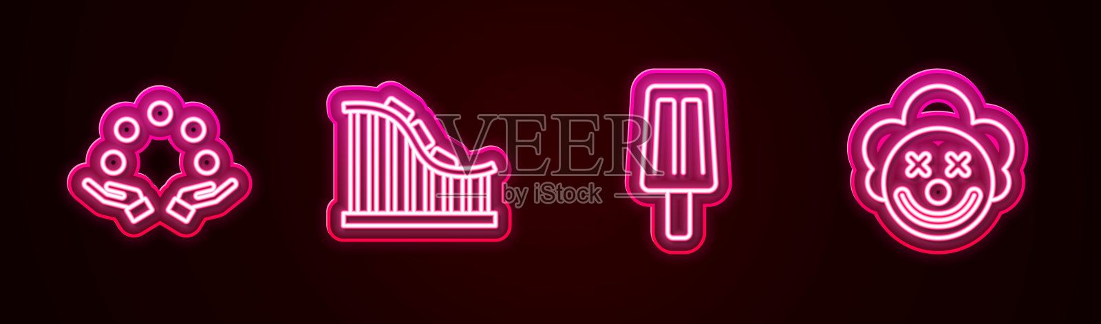 设杂耍球，过山车，冰淇淋和小丑头。发光的霓虹灯图标。向量插画图片素材