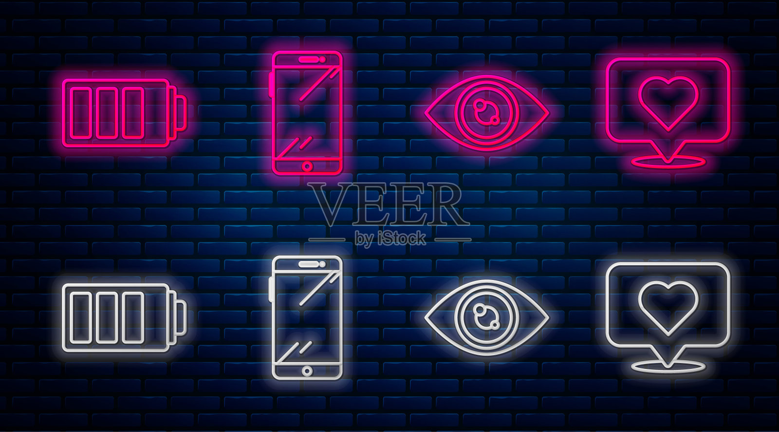 设置线智能手机，手机，眼睛，电池充电水平指示和喜欢和心脏。砖墙上发光的霓虹灯图标。向量插画图片素材