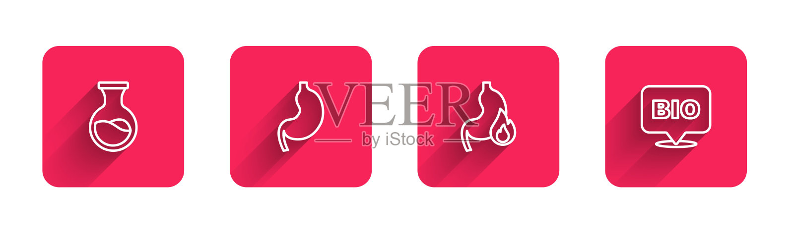 设置试管和烧瓶，人体胃，胃灼热和生物健康食品长阴影。红色方块按钮。向量插画图片素材